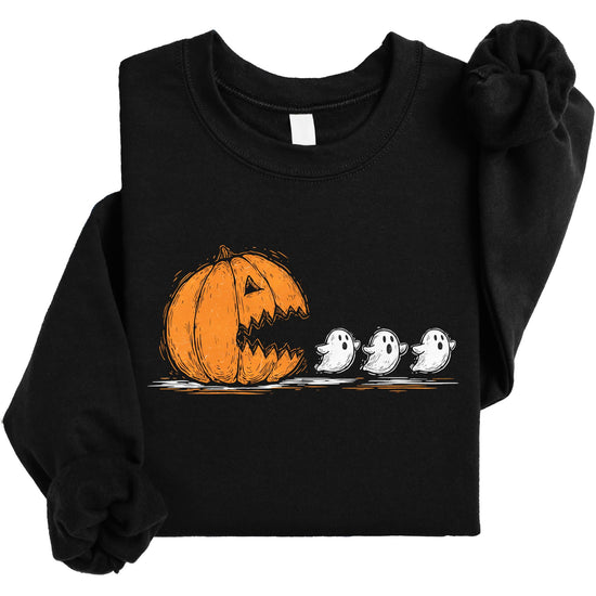 Family matching Halloween sweatshirts with pumpkin chomping ghosts design