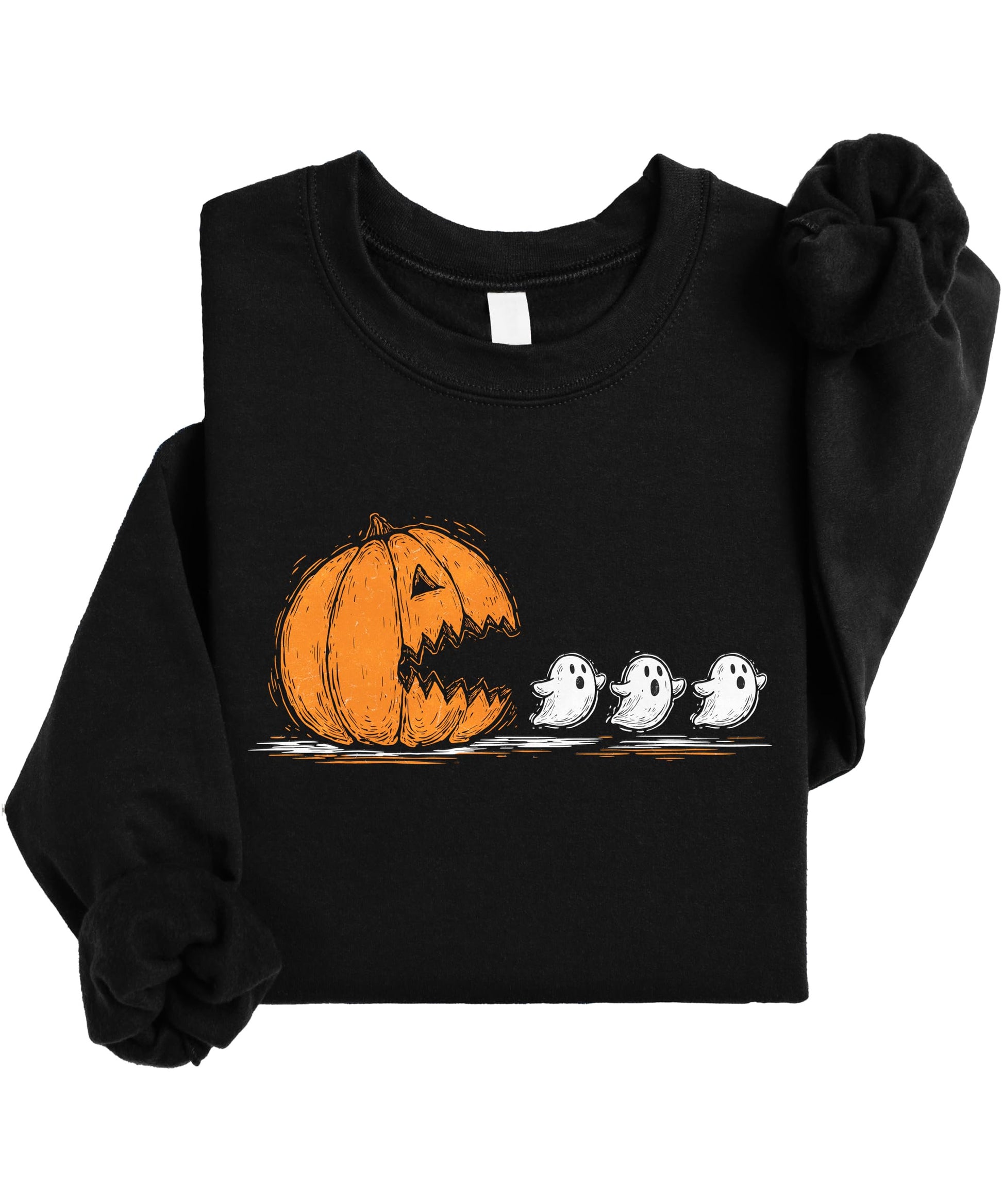 Family matching Halloween sweatshirts with pumpkin chomping ghosts design