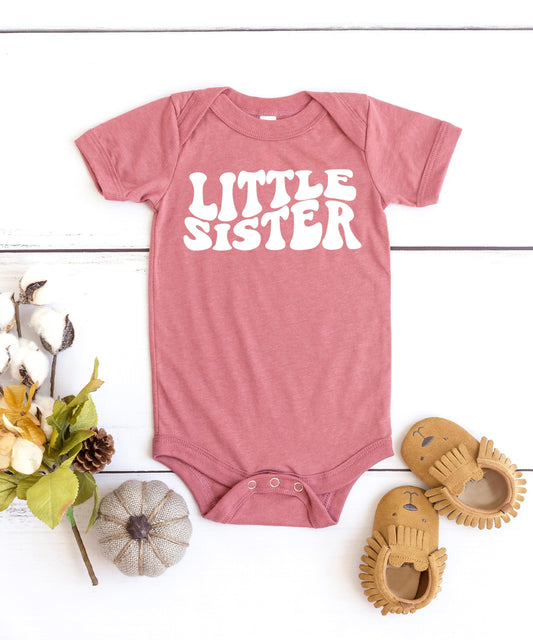 Olive Loves Apple Little Sister Groovy Wavy Bodysuits White on Military Green Bodysuit