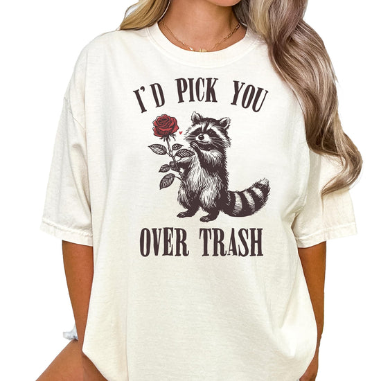 Front view of funny raccoon Valentine's Day women's tee in ivory with bold graphic print