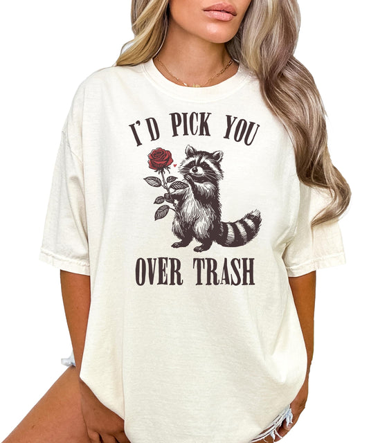 Front view of funny raccoon Valentine's Day women's tee in ivory with bold graphic print