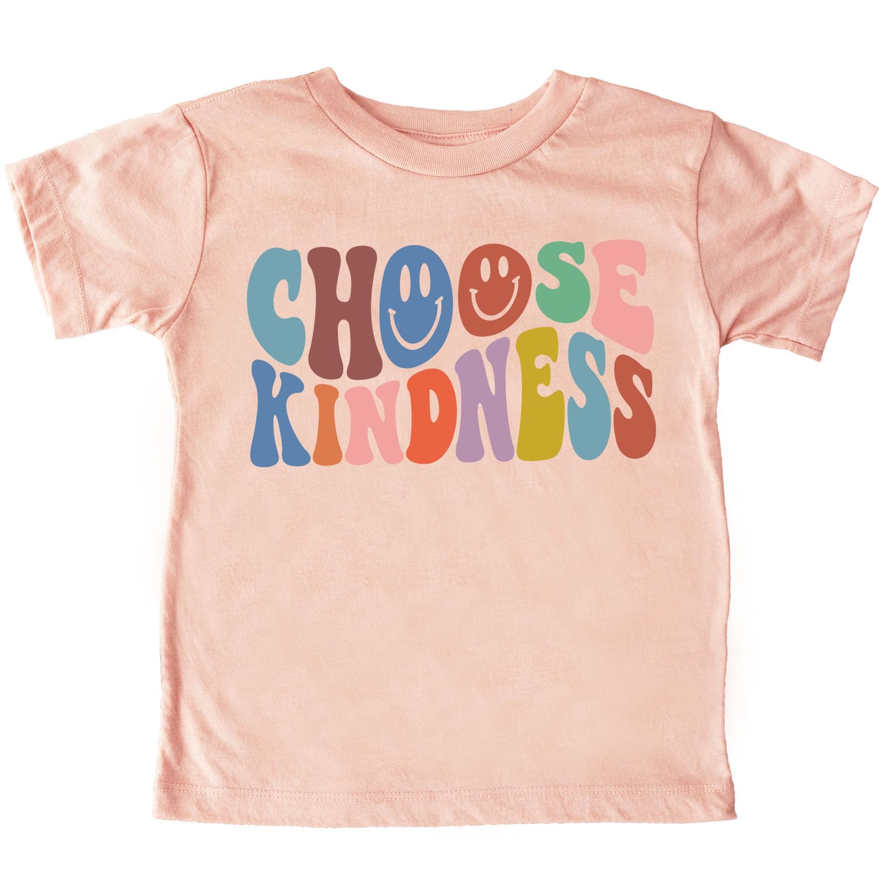 Front view of Choose Kindness colorful retro kids tee with rainbow lettering