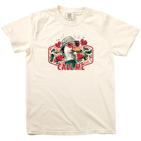 Unisex ivory graphic tee with funny Call Me Valentine duck hunting design for Valentine's Day