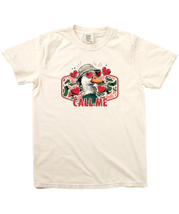 Unisex ivory graphic tee with funny Call Me Valentine duck hunting design for Valentine's Day
