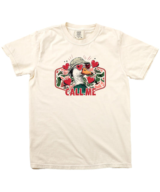 Unisex ivory graphic tee with funny Call Me Valentine duck hunting design for Valentine's Day