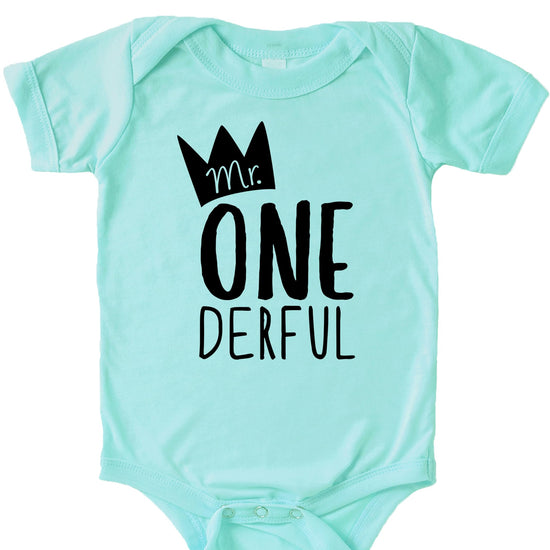 Detail shot of Mr. One-Derful 1st birthday snap-bottom bodysuit for baby boys