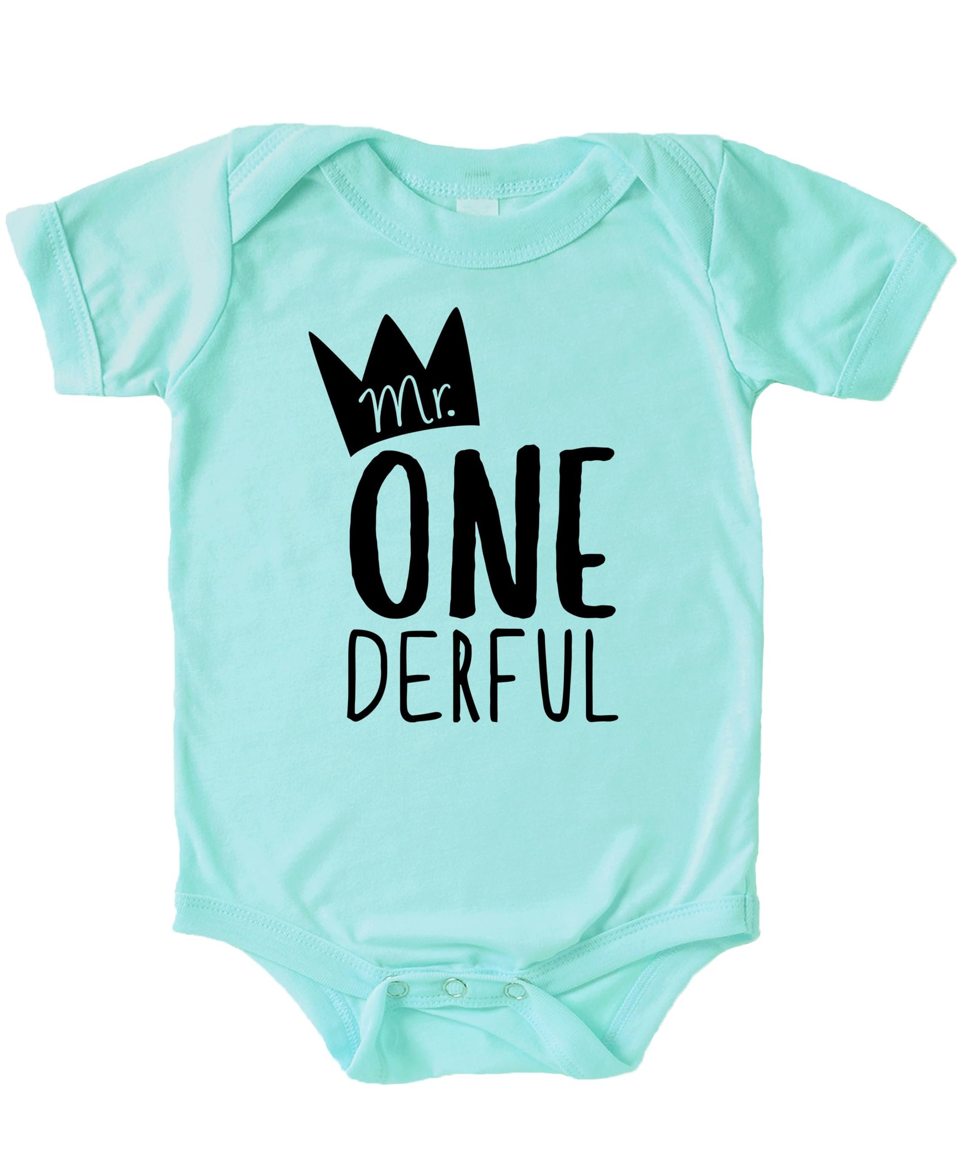 Detail shot of Mr. One-Derful 1st birthday snap-bottom bodysuit for baby boys