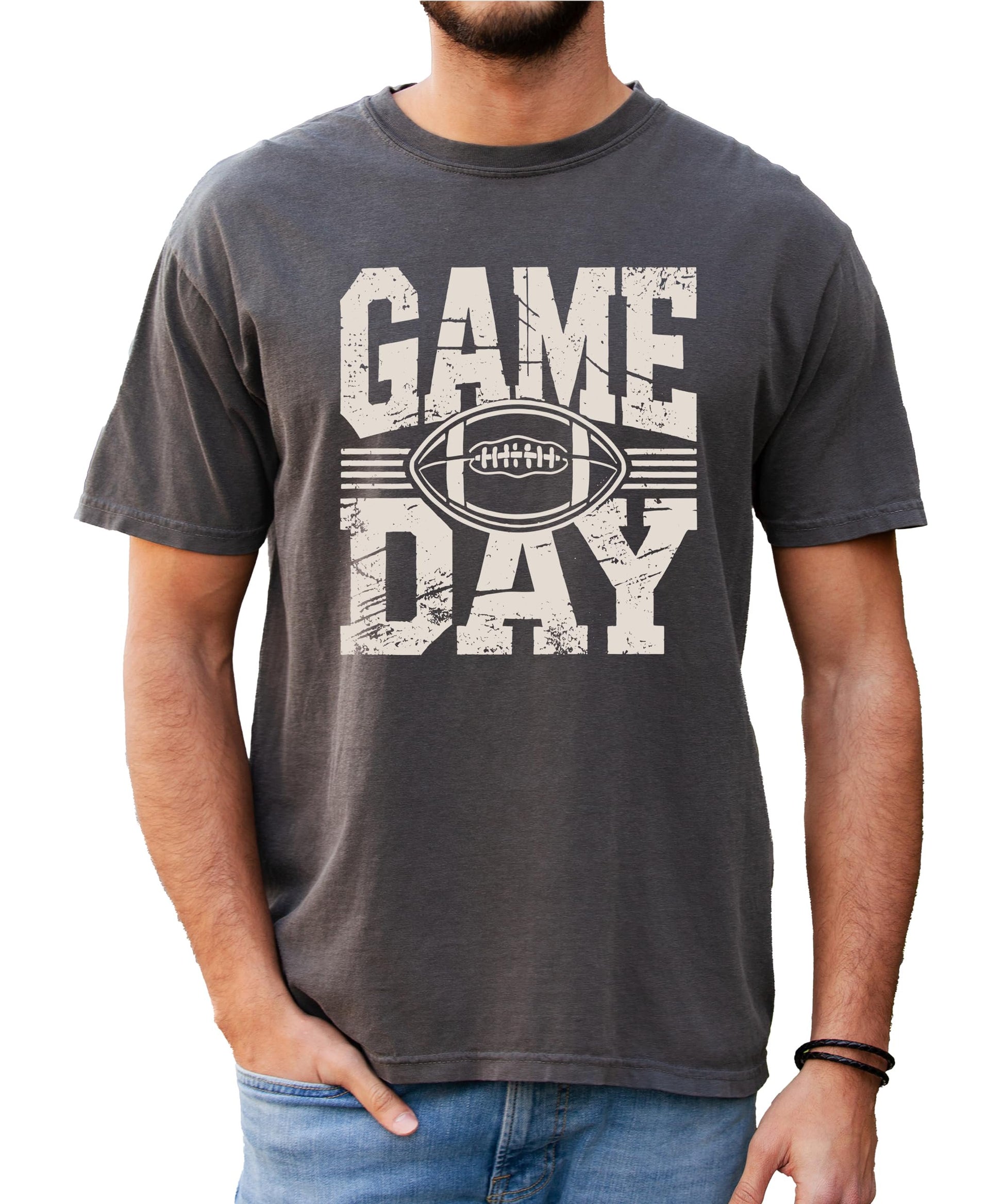 Close-up of Game Day vintage football graphic design on seafoam shirt