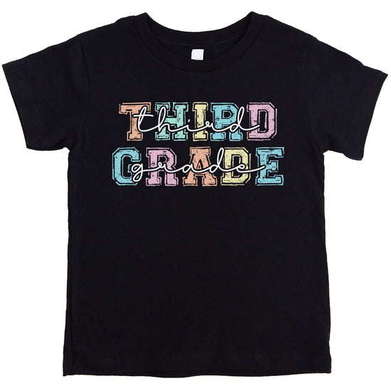 Black third grade shirt with bold pastel lettering for girls back to school outfit