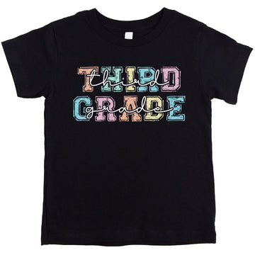Black third grade shirt with bold pastel lettering for girls back to school outfit