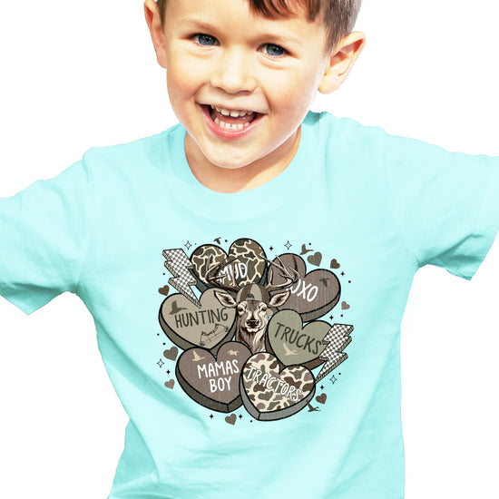 Boys Valentine's Day graphic tee laid flat showing full country camo heart print design