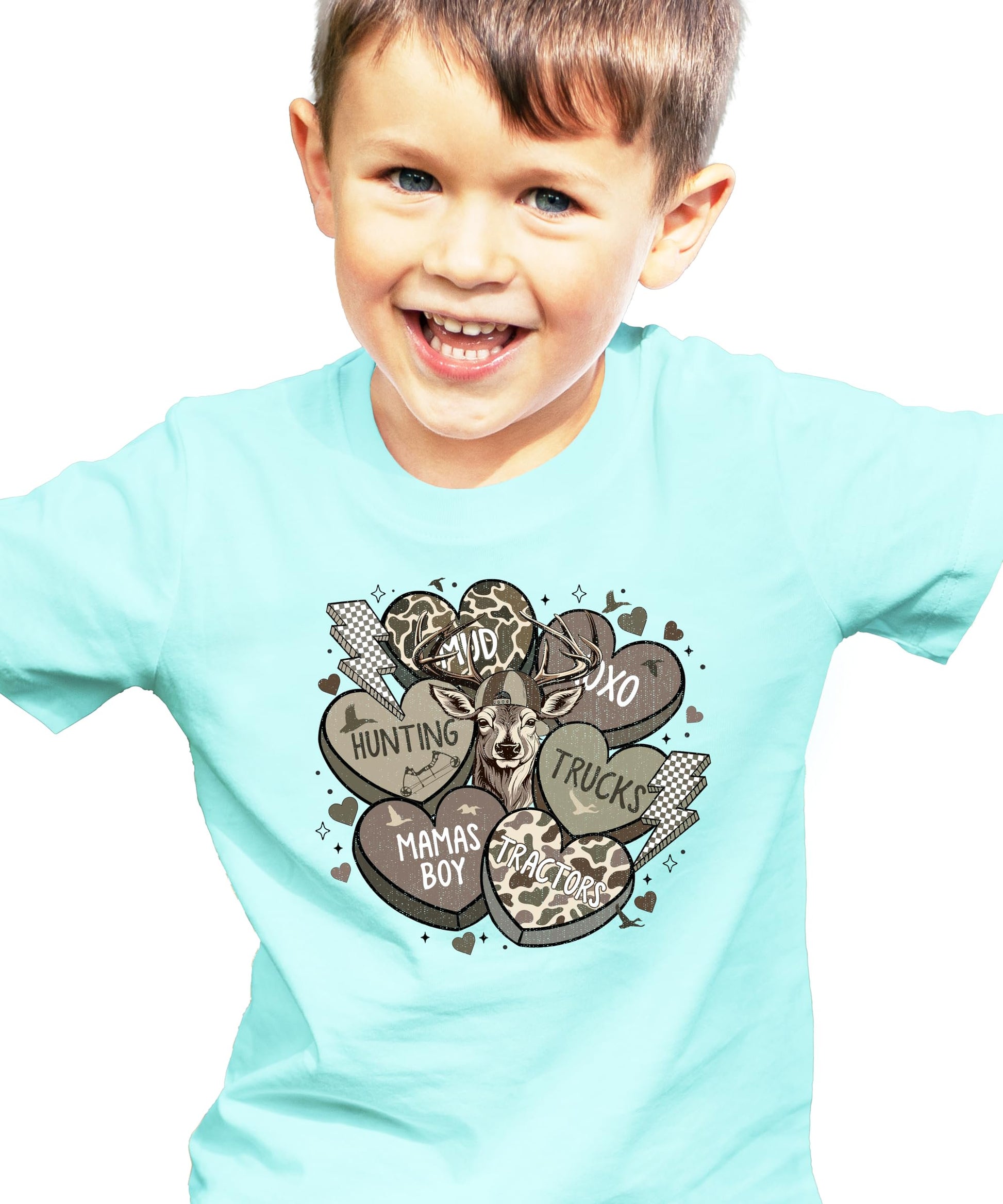 Boys Valentine's Day graphic tee laid flat showing full country camo heart print design