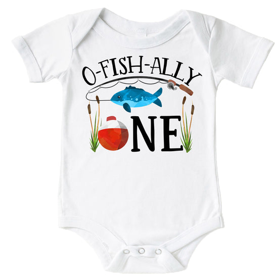 Gray O-Fish-Ally ONE fishing themed first birthday bodysuit for baby boys