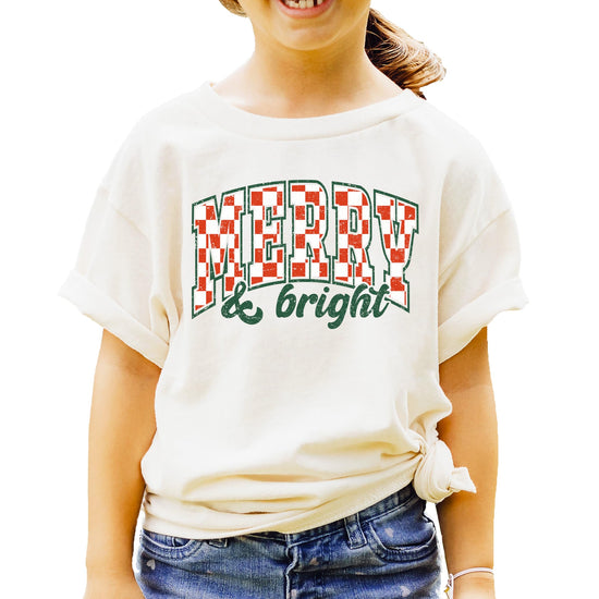 Youth peach Merry and Bright Christmas tee displayed front view full shirt
