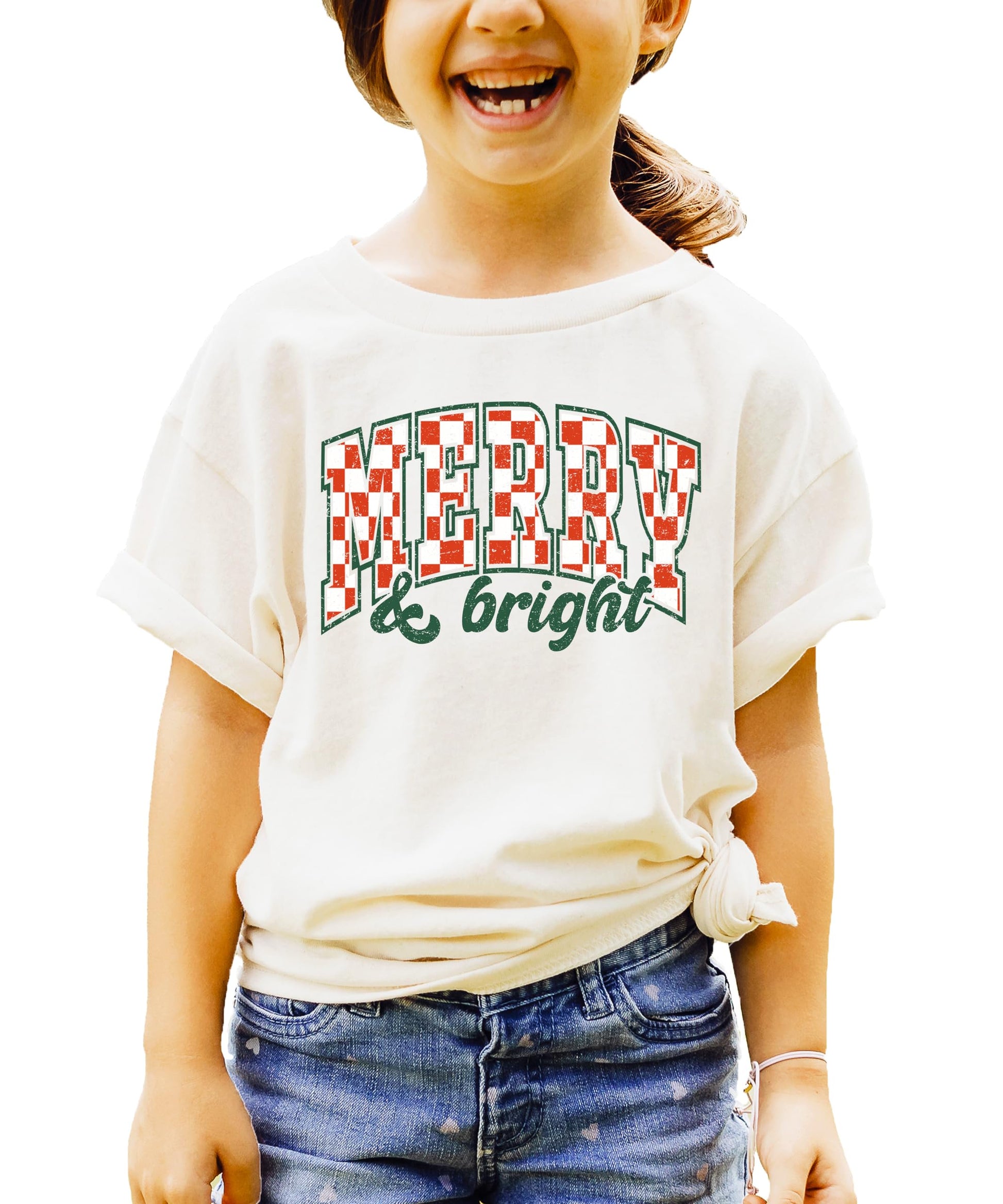 Youth peach Merry and Bright Christmas tee displayed front view full shirt