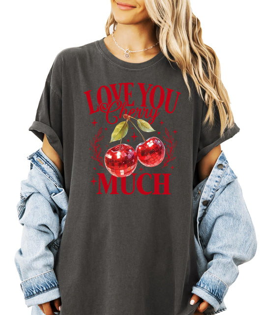 Women's Love You Cherry Much Valentine's Day tee with faux glitter disco cherry graphic design