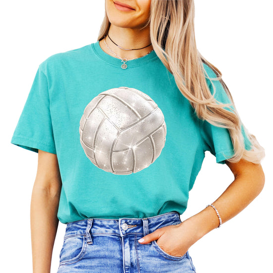 Detail shot of faux glitter volleyball design on women's seafoam graphic shirt