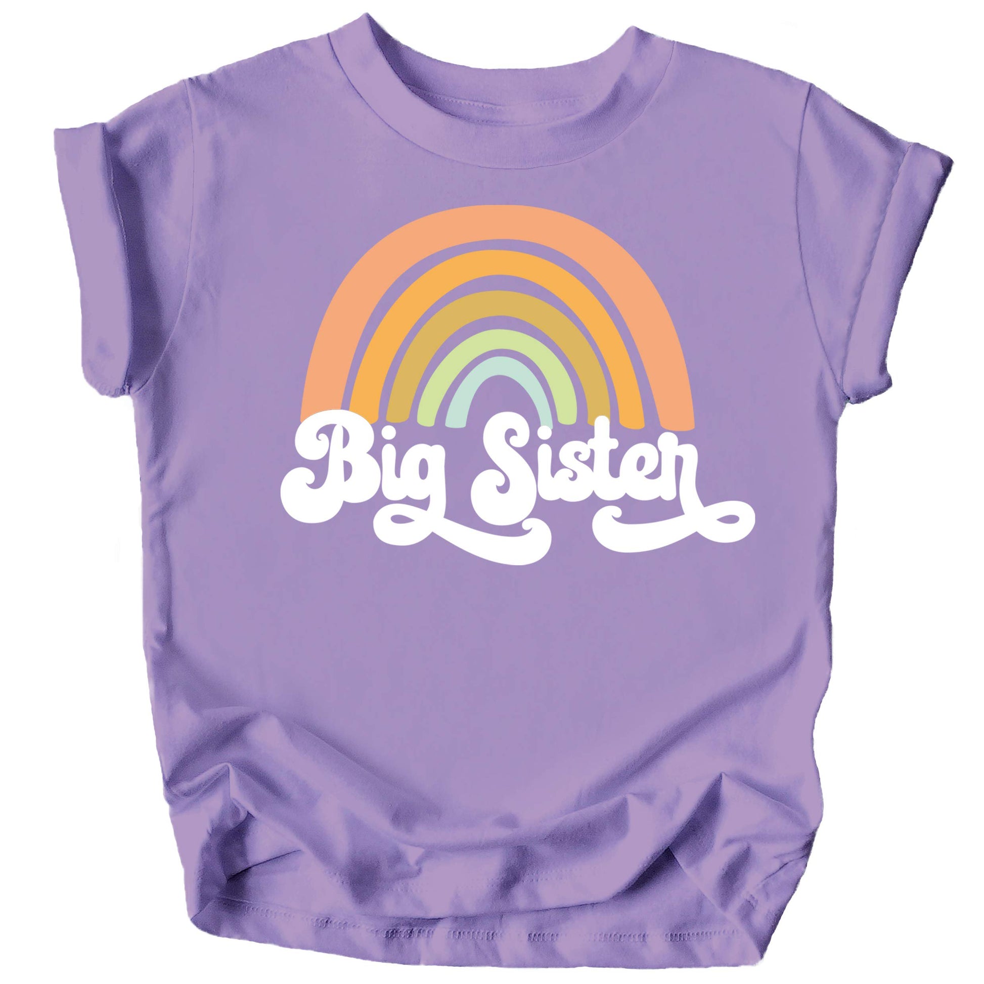 Toddler girl wearing mauve Big Sister shirt with retro rainbow print for pregnancy reveal outfit