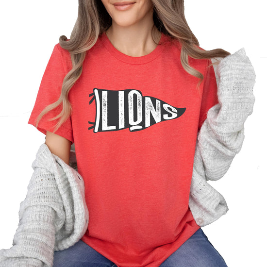 Lions vintage sports flag t-shirt detail shot showing print quality and texture