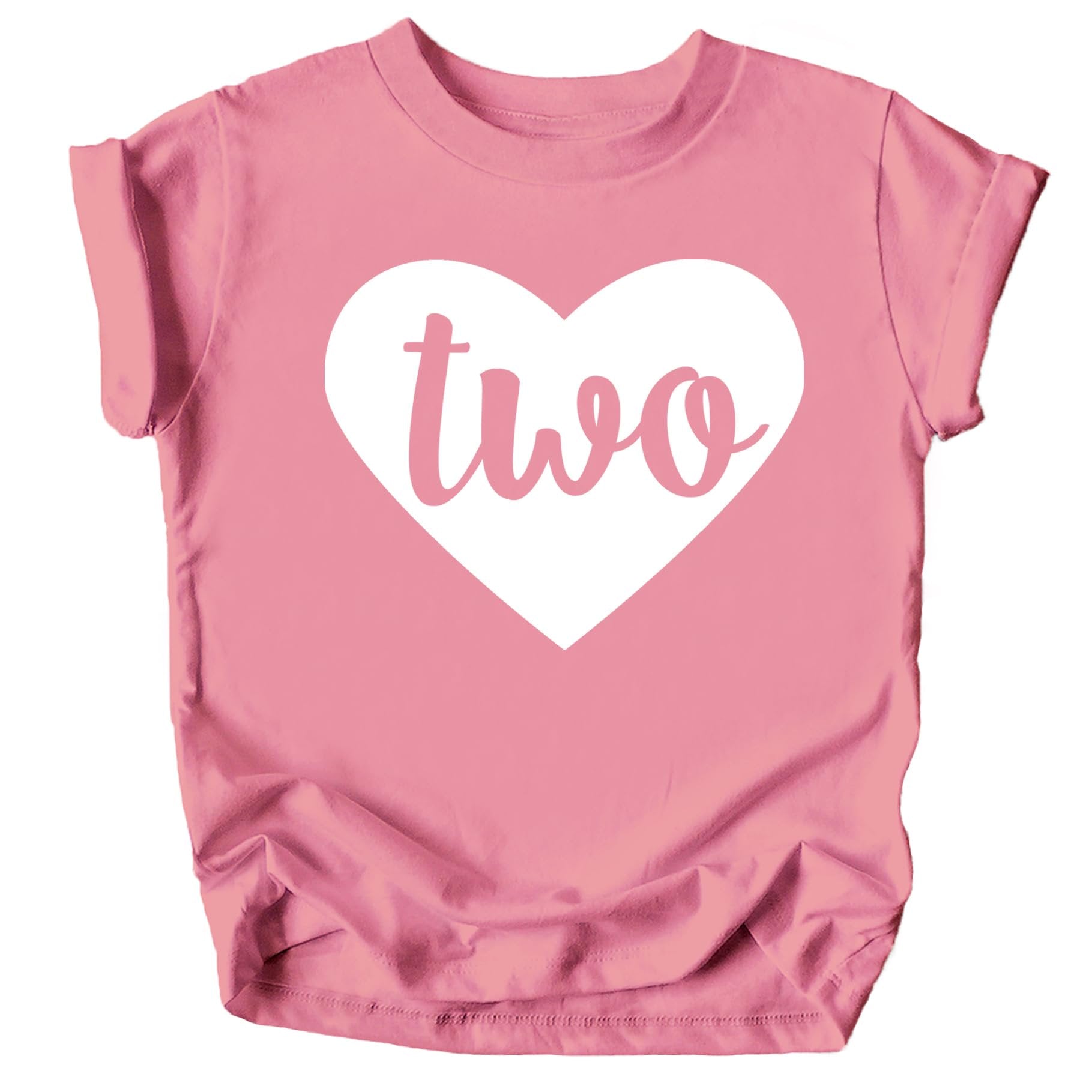 Purple Two in Heart 2nd birthday shirt for toddler girls laid flat showing cute heart design