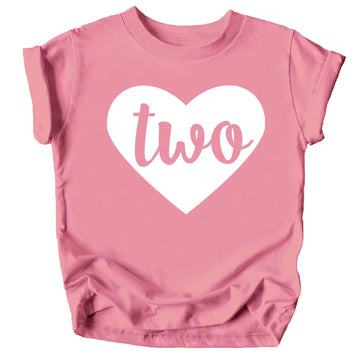 Purple Two in Heart 2nd birthday shirt for toddler girls laid flat showing cute heart design