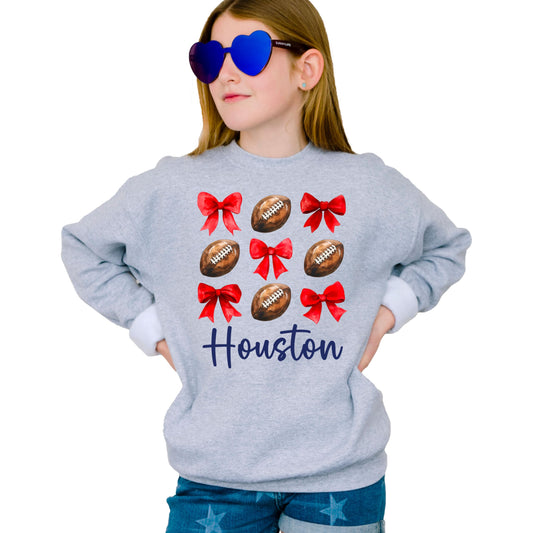 Olive Loves Apple Houston Football Sweatshirt Red Bows and Footballs Texas Game Day Pullover