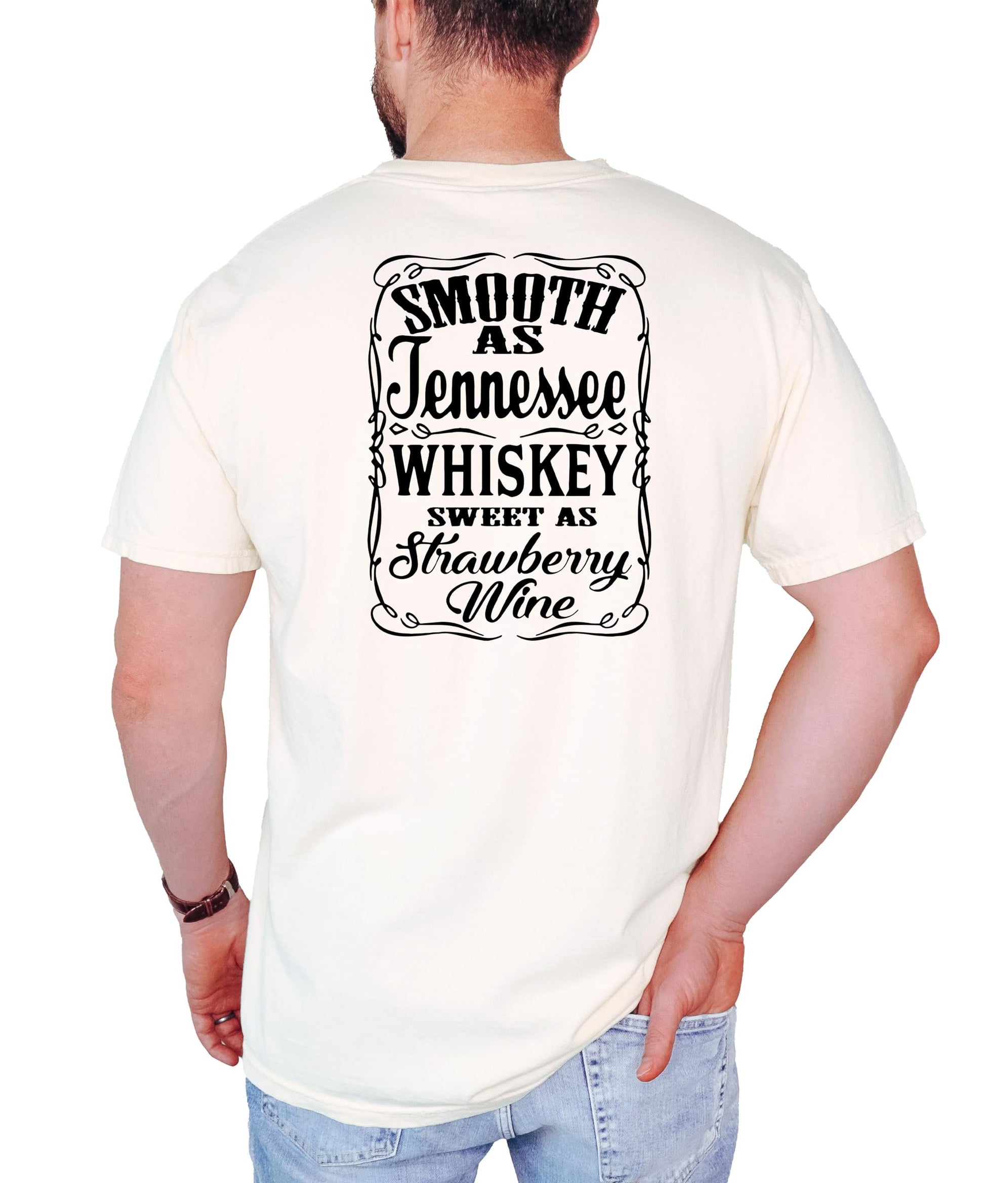 Model wearing Tennessee Whiskey country t-shirt showing fit and style