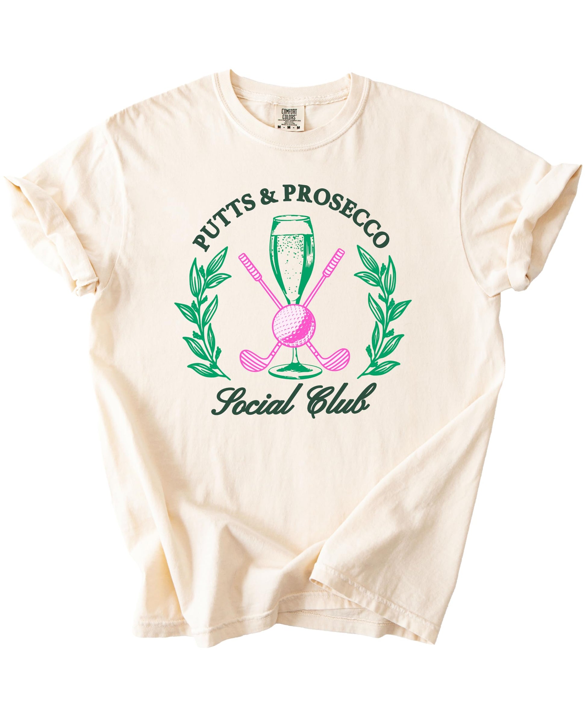 Lifestyle view of women's Putts and Pros Social Club graphic tee, casual golf apparel