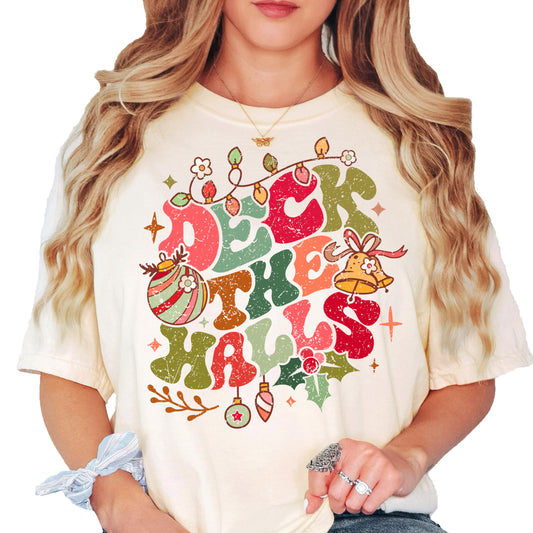 Deck the Halls Ornament Groovy Kids and Adult Matching Christmas T-Shirts for Matching Family Fun Outfits