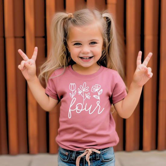 Side or alternate view of toddler girls floral 4th birthday shirt