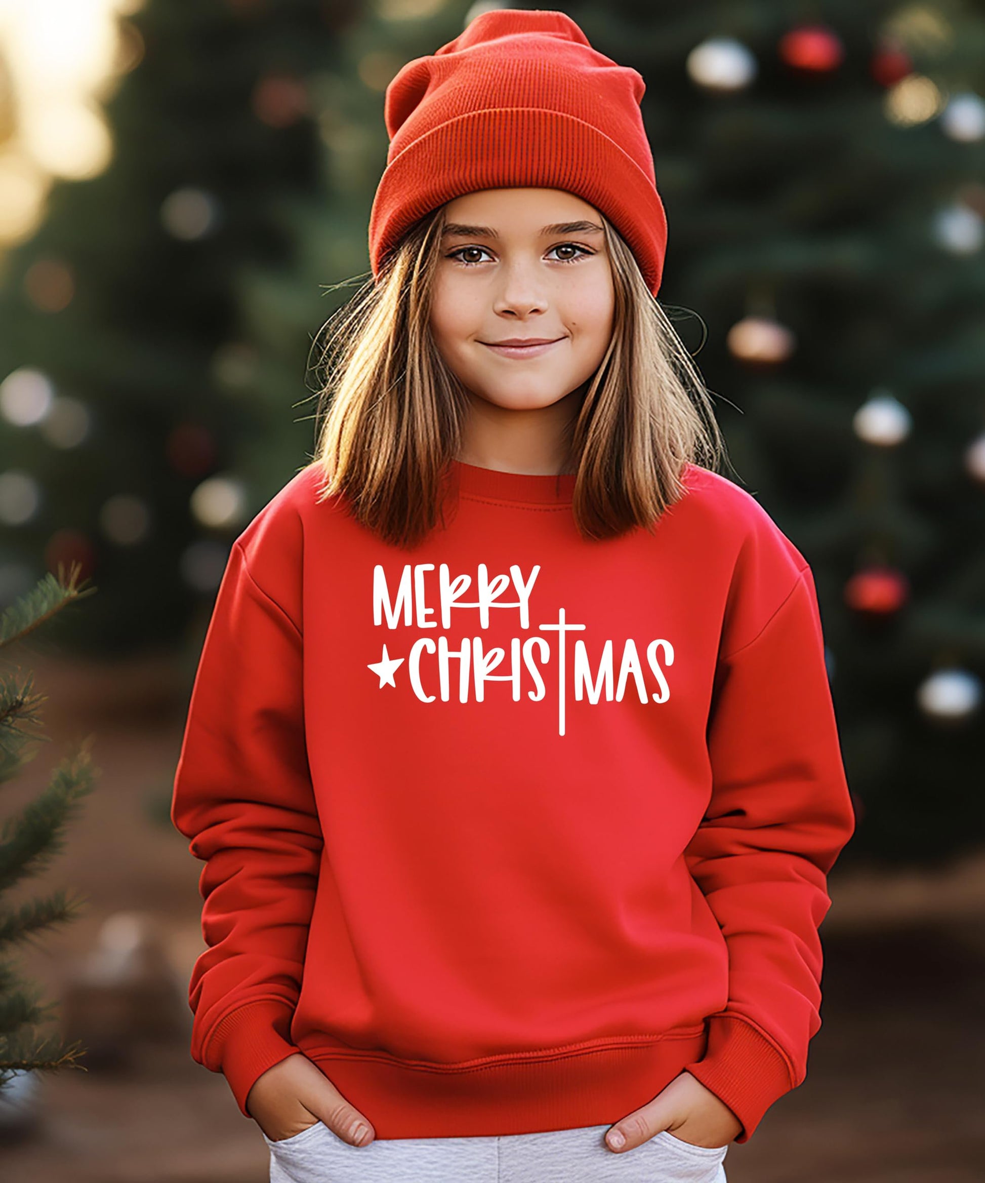 Styled lifestyle shot of red Merry Christmas cross pullover sweatshirt for holiday wear