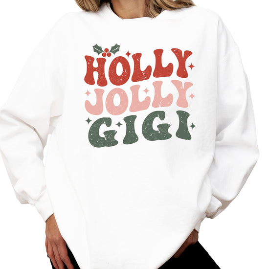 Retro Holly Jolly Gigi gray Christmas sweatshirt for grandma with festive holiday graphic
