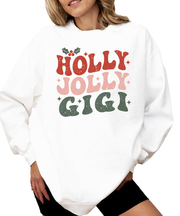 Retro Holly Jolly Gigi gray Christmas sweatshirt for grandma with festive holiday graphic