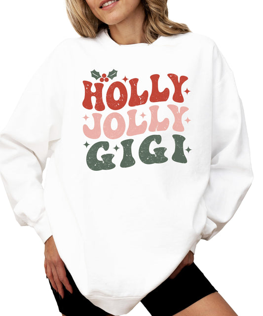 Retro Holly Jolly Gigi gray Christmas sweatshirt for grandma with festive holiday graphic