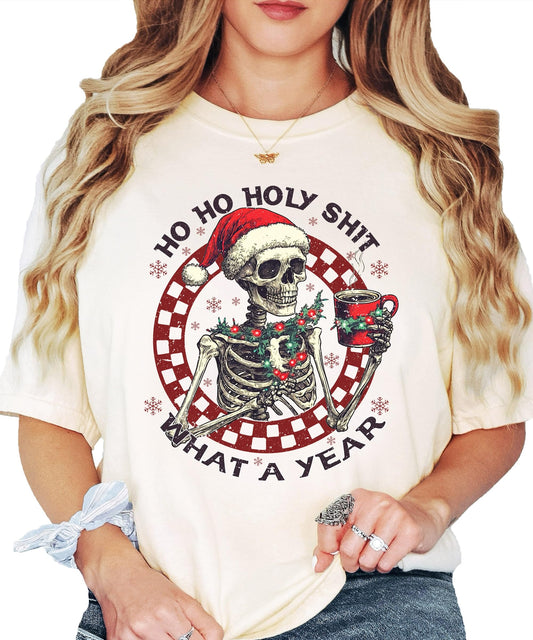 Front view of seafoam green holiday skeleton graphic tee for women and men
