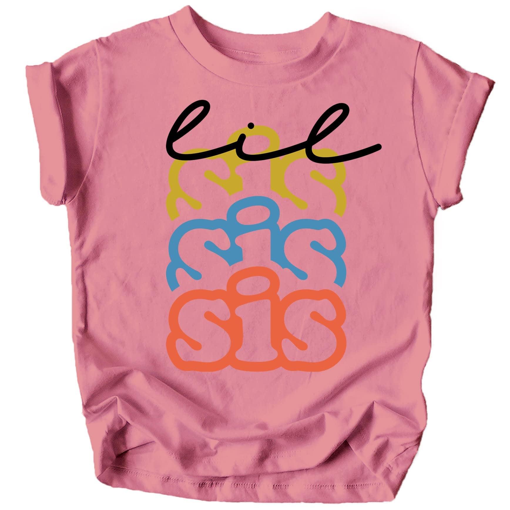 Girls Little Sister sibling outfit tee in mauve, vibrant colorful graphic design