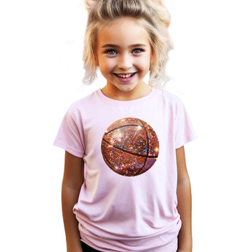 Flat lay of pink faux glitter basketball shirt for toddlers and girls