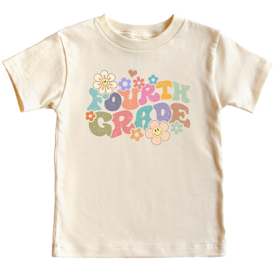 Youth wearing 4th grade groovy daisy first day of school t-shirt outfit
