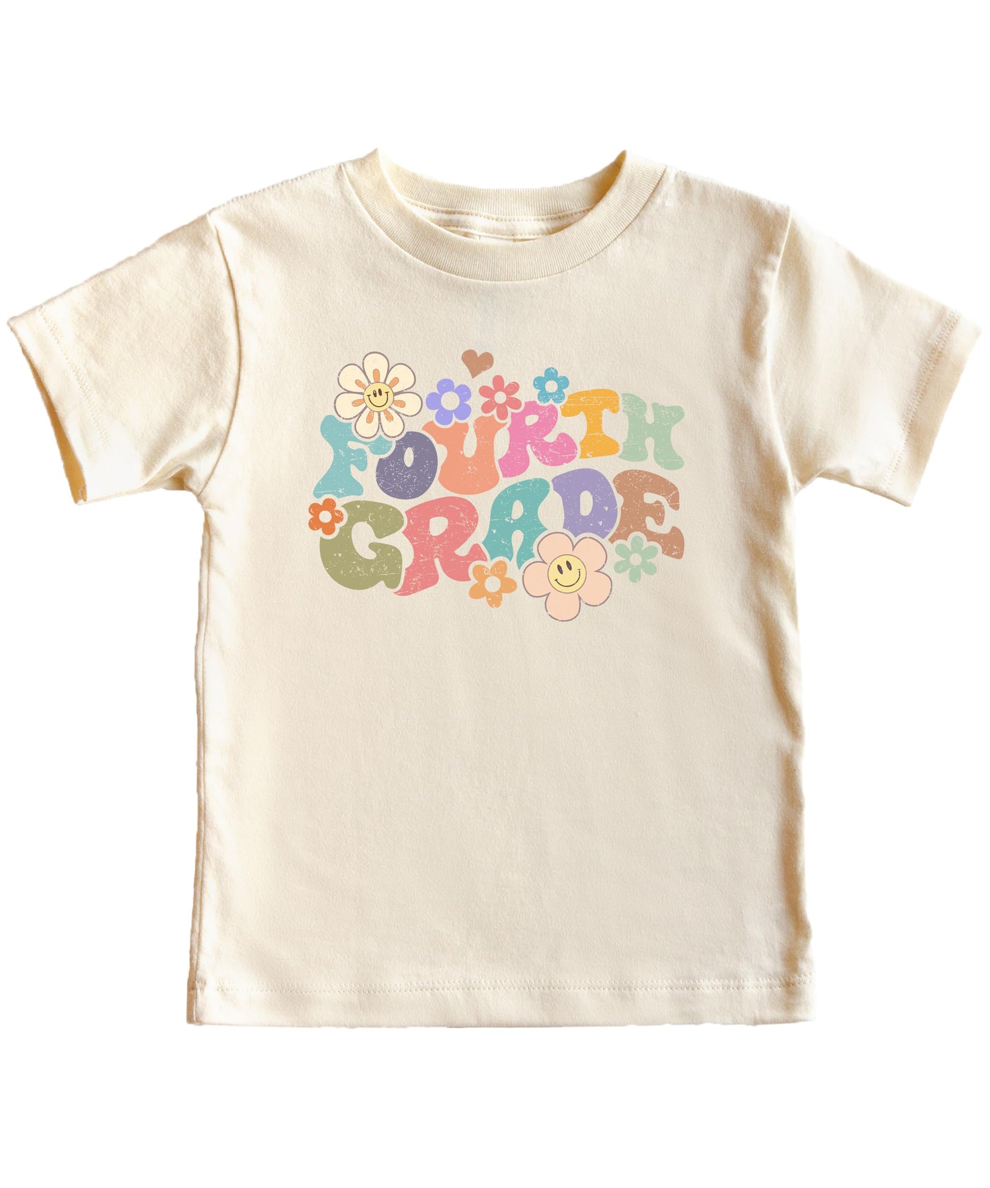 Youth wearing 4th grade groovy daisy first day of school t-shirt outfit