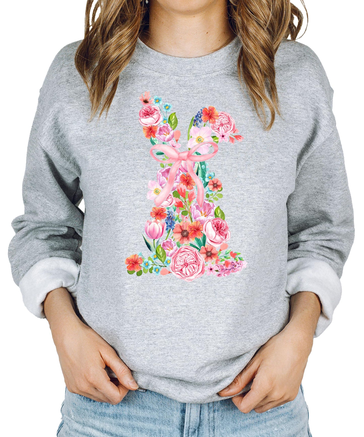 Floral Easter Bunny Sweatshirt for Women Teens and Girls Spring Watercolor Crewneck