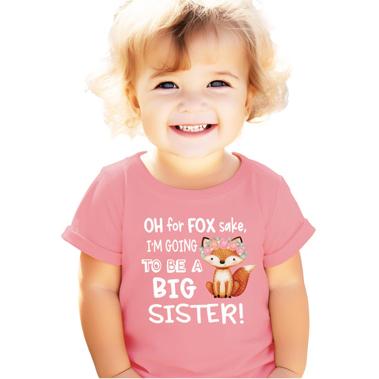 Front view of mauve kids tee with funny fox big sister announcement graphic in white ink