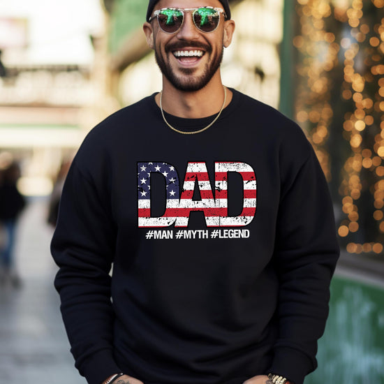 Back or detail view of gray Dad Man Myth Legend American flag sweatshirt by Olive Loves Apple