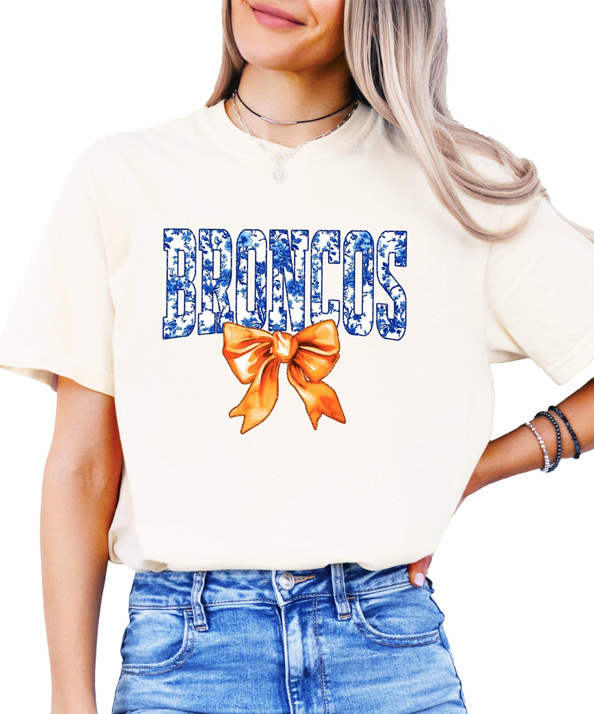 Broncos orange bow graphic tee styled for game day — women's team spirit shirt