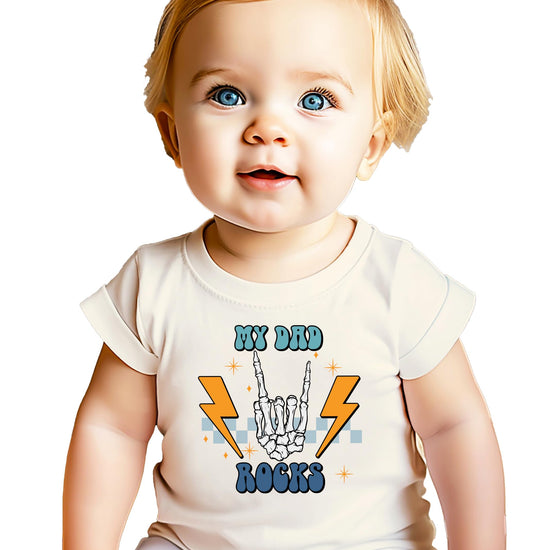 Kids natural color 'My Dad Rocks' graphic tee with retro skeleton hand design