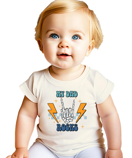 Kids natural color 'My Dad Rocks' graphic tee with retro skeleton hand design