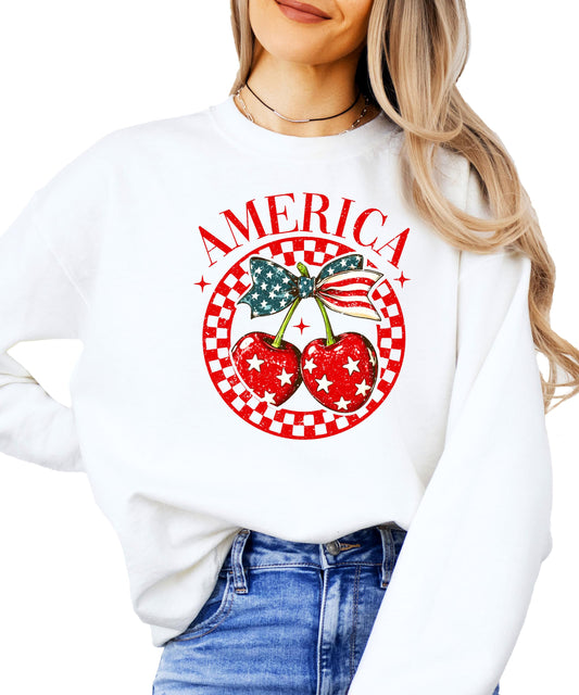 Olive Loves Apple America Cherry Sweatshirt for Women, Teens, & Kids Patriotic Coquette Bow and Cherries Sweater