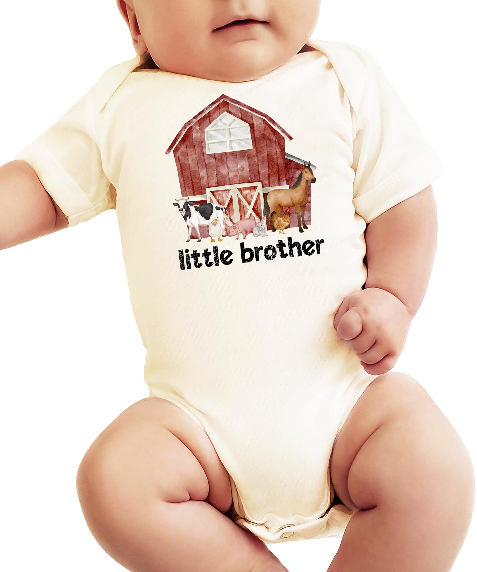 Olive Loves Apple Little Brother farm animal shirt styled for baby announcement photo