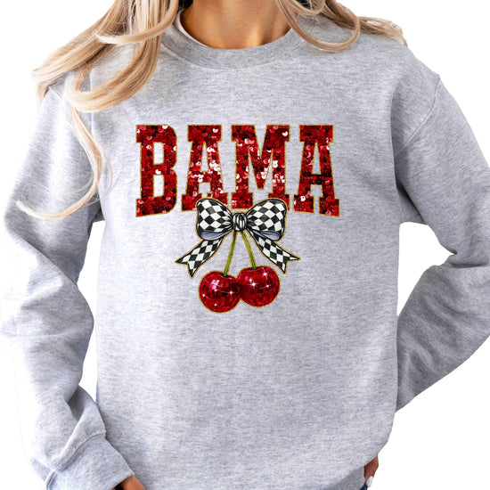 Women's white crewneck sweatshirt with red faux-sequin BAMA lettering and retro checkered bow design
