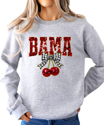 Women's white crewneck sweatshirt with red faux-sequin BAMA lettering and retro checkered bow design