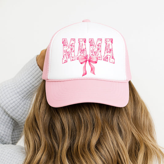 Floral Mama Pink Bow Foam Front Classic 5 Panel Mesh Snapback Trucker Hat